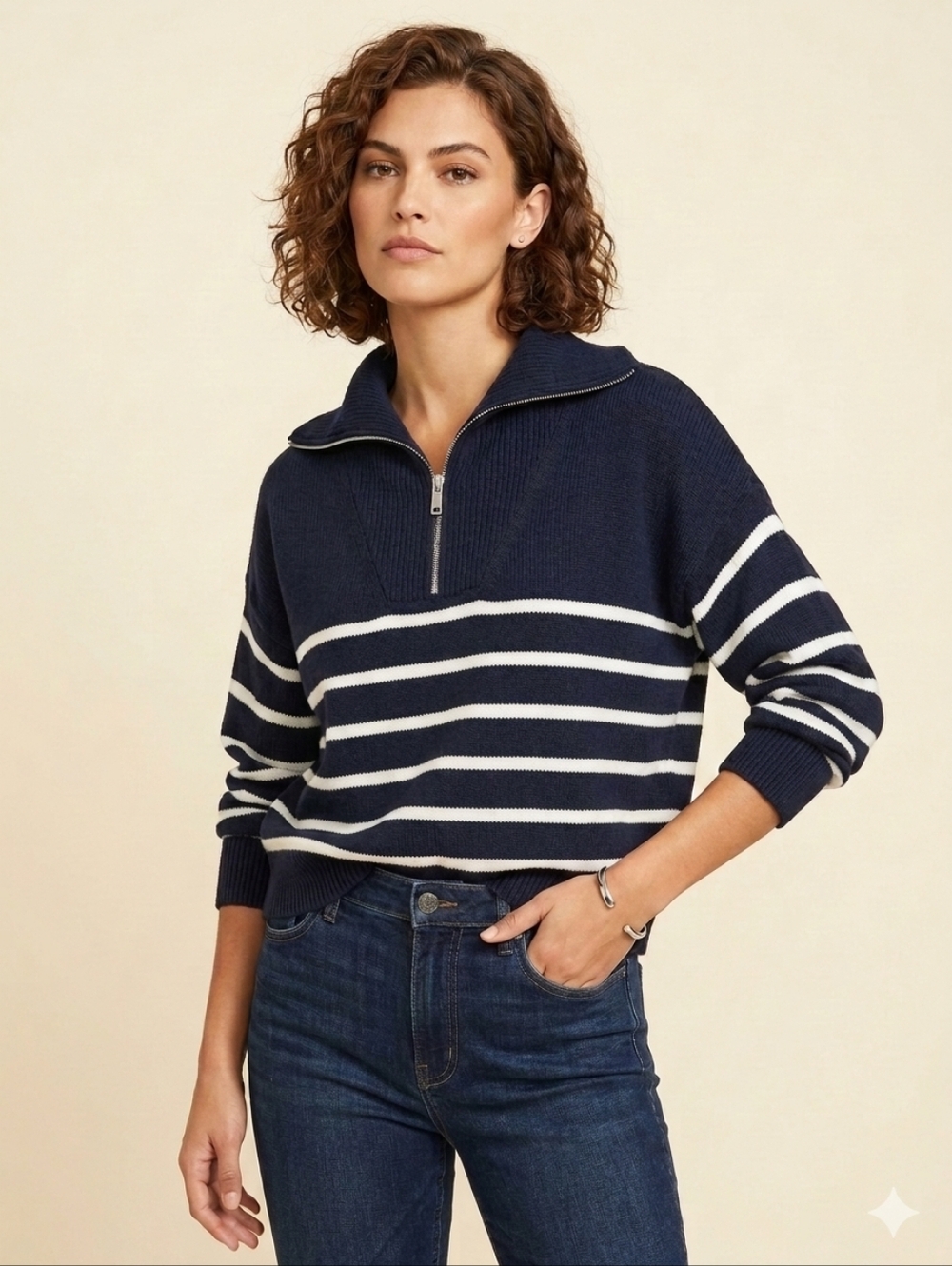 Nautica Navy and White Striped Half-Zip Sweater
